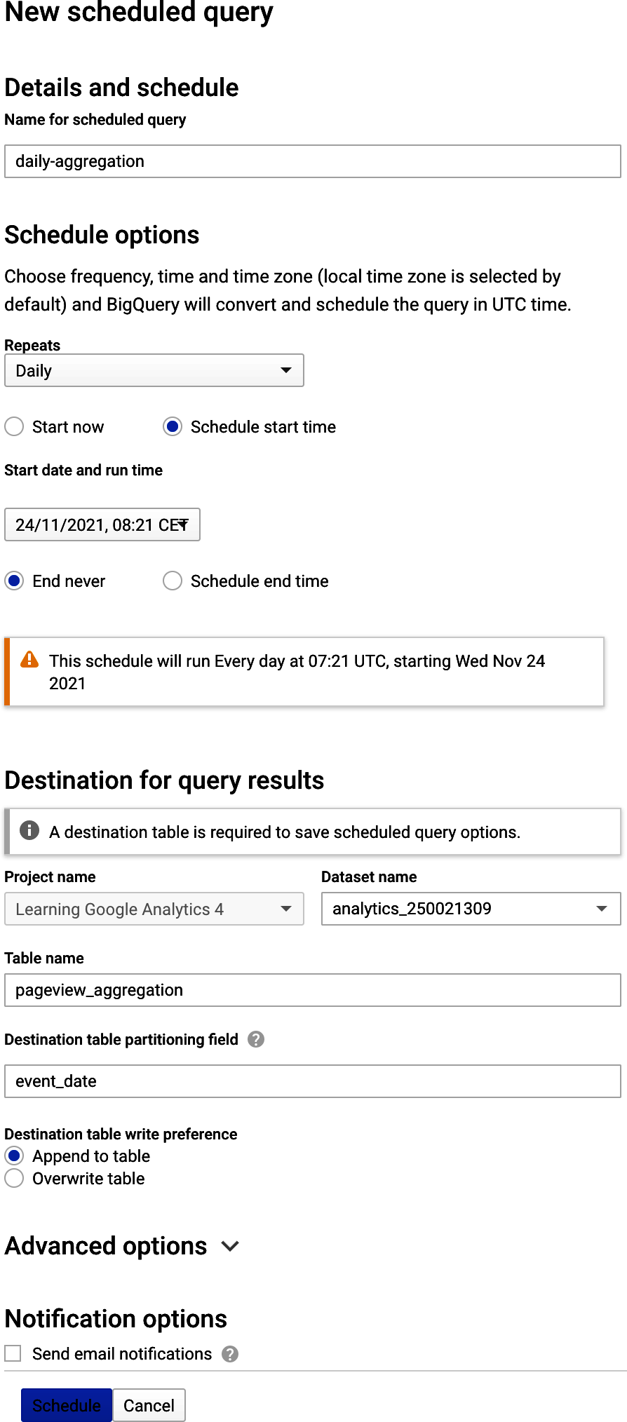 Setting up the query into a scheduled query