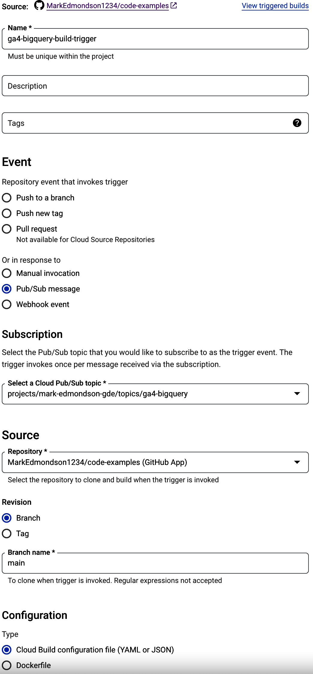 Setting up a Build Trigger that will build once the BigQuery export for GA4 is complete