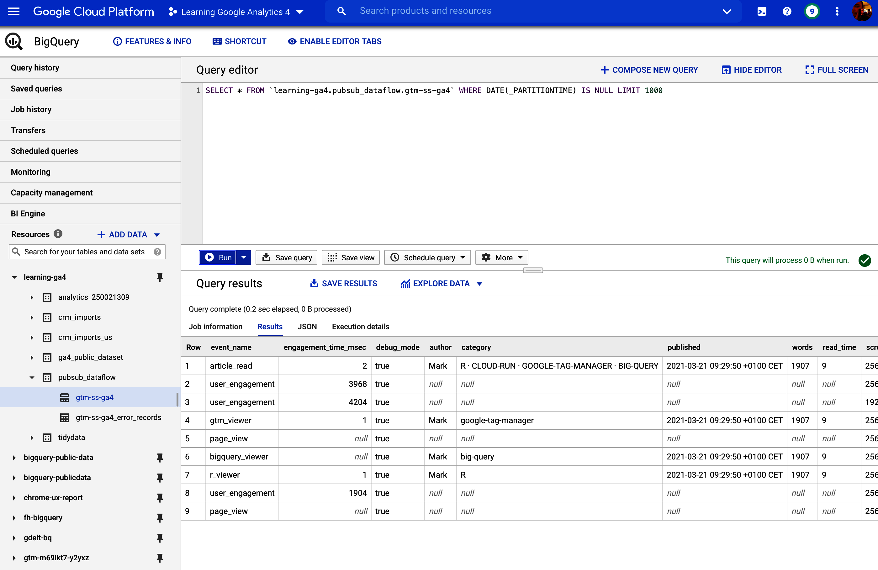 A successful streaming import from GA4 into GTM-SS to Pub/Sub to BigQuery