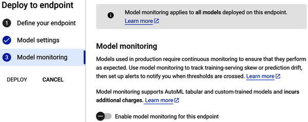 “Model monitoring” configuration window