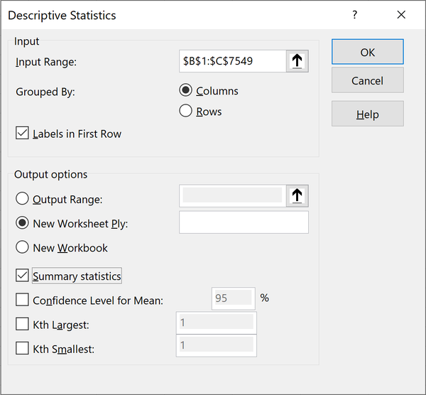 Running descriptive statistics in the ToolPak