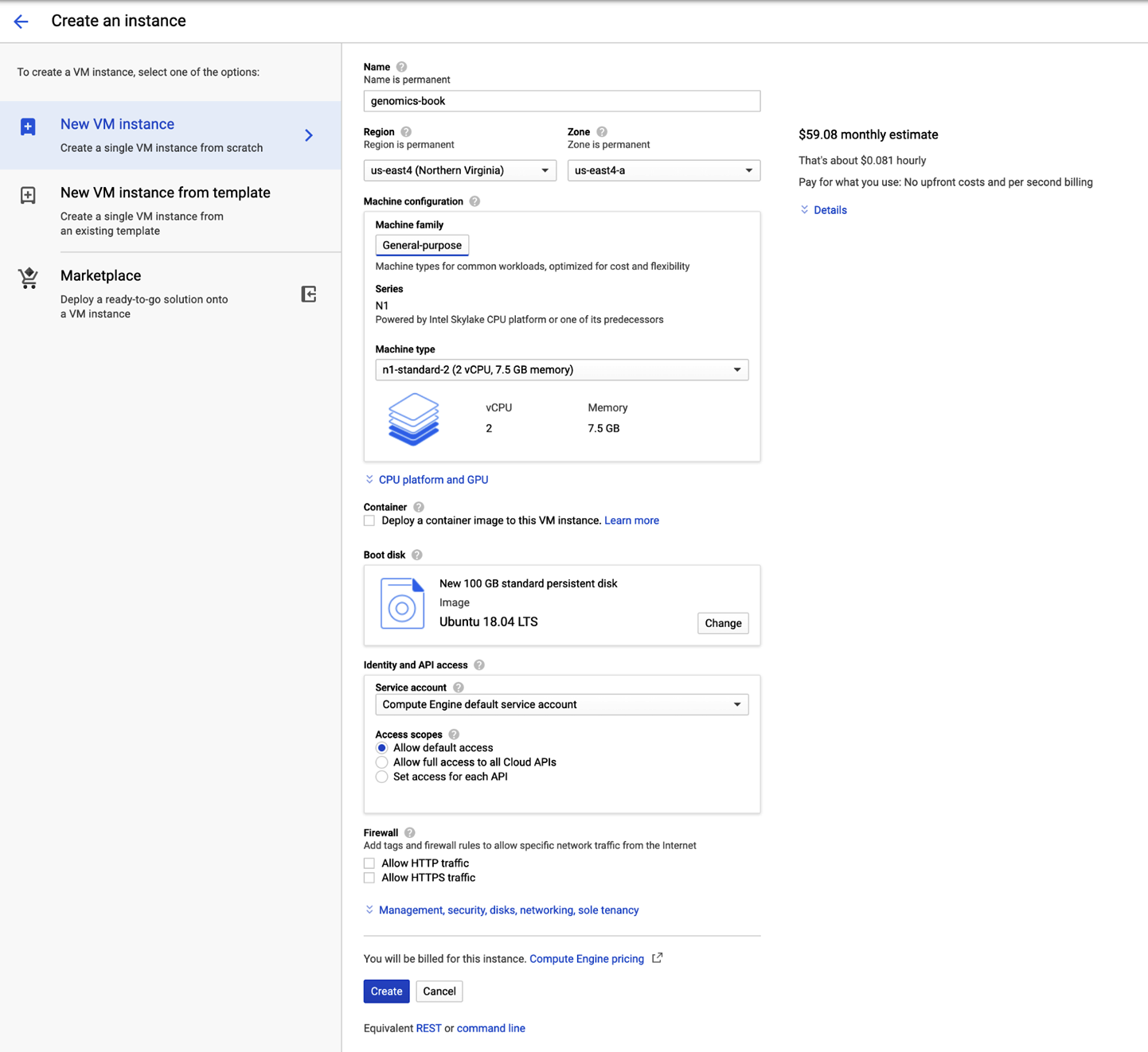 The VM instance configuration panel.