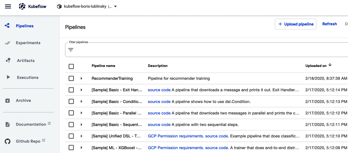 Kubeflow Pipelines UI - Prepackaged Pipelines