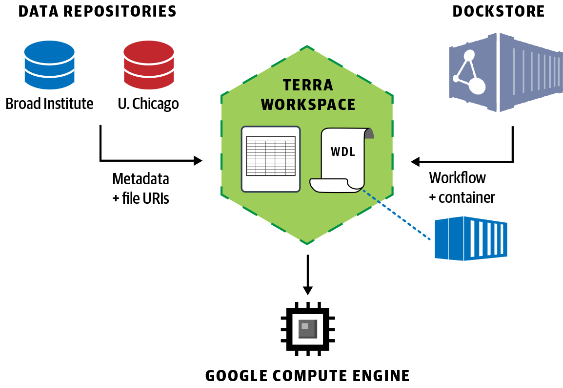 Data Biosphere principles in action: federated data analysis across multiple datasets in Terra using a workflow imported from Dockstore and executed in GCP.