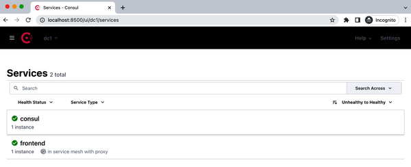 Image of the Consul UI with the frontend service listed