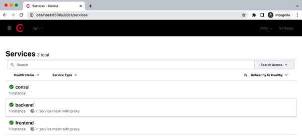 Image of the Consul UI with the frontend and backend services listed