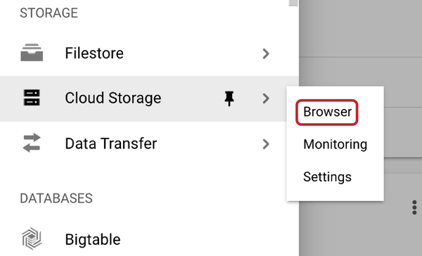 Cloud Storage browser from the navigation menu