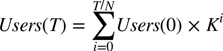 upper U s e r s left-parenthesis upper T right-parenthesis equals sigma-summation Underscript i equals 0 Overscript upper T slash upper N Endscripts upper U s e r s left-parenthesis 0 right-parenthesis times upper K Superscript i