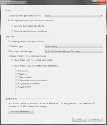 Advanced options for the service reference